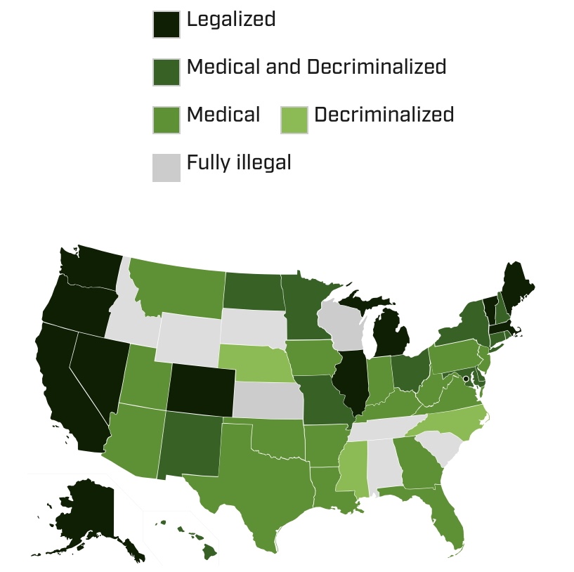 A map of the United States showing each state's legal stance on cannabis.